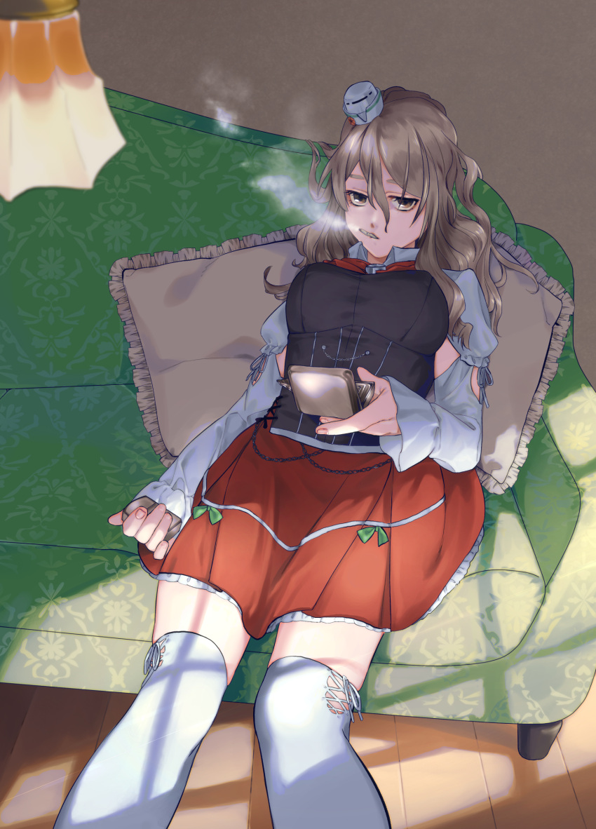 1girl bangs breasts brown_eyes cigarette corset couch cushion frilled_skirt frills grey_hair hair_between_eyes hat highres holding indoors kantai_collection lamp large_breasts lighter long_hair long_sleeves looking_at_viewer mouth_hold pola_(kantai_collection) reclining red_skirt shishanmo sitting skirt smoke smoking solo thigh-highs wavy_hair white_legwear