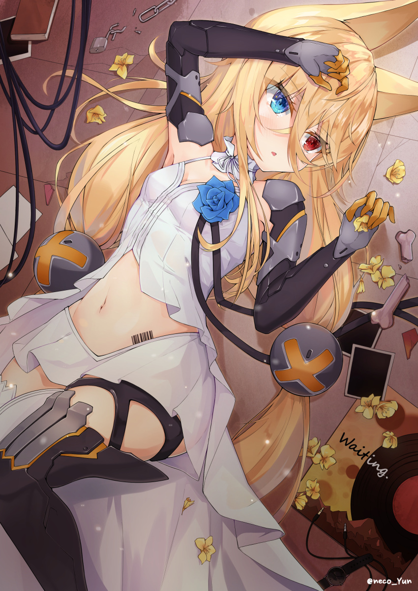 1girl absurdres animal_ears barcode barcode_tattoo blonde_hair blue_eyes commentary_request flower g41_(girls_frontline) girls_frontline hair_between_eyes hair_ornament heterochromia highres long_hair lying mechanical_arm midriff navel on_back open_mouth petals red_eyes solo tattoo thigh-highs twintails very_long_hair yeosi