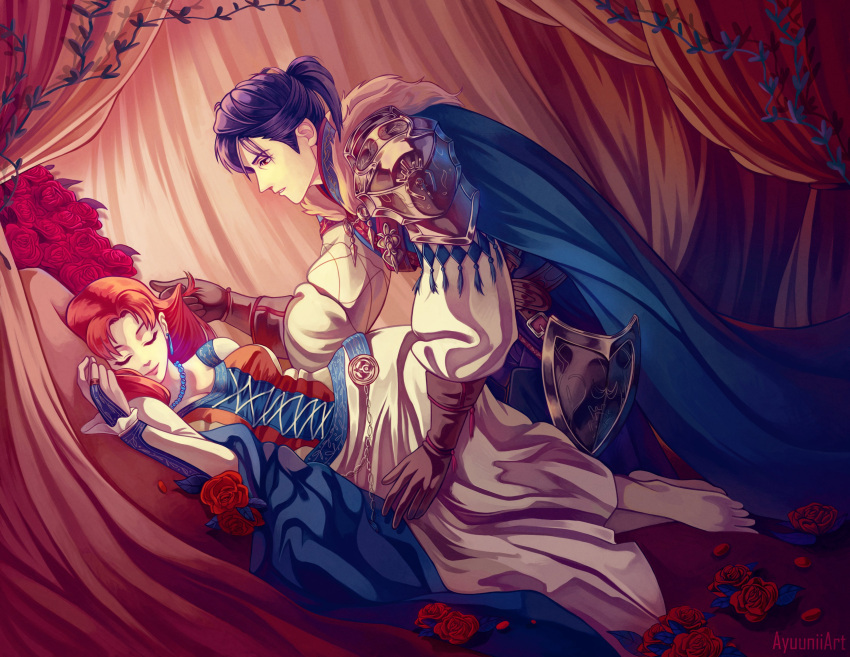 1boy 1girl absurdres annette_fantine_dominic ayuuniiart barefoot blue_hair breasts felix_hugo_fraldarius fire_emblem fire_emblem:_three_houses flower highres medium_breasts orange_hair petals rose rose_petals sleeping sleeping_beauty tagme