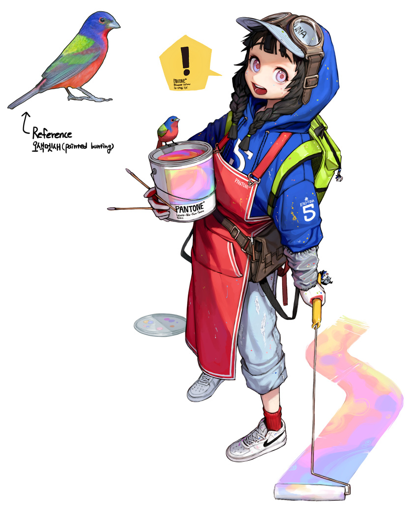 ! 1girl absurdres apron backpack bag bird black_hair blue_hoodie braid full_body goggles goggles_on_head hat highres hood hood_up hoodie long_hair open_mouth original paint_can paintbrush pants pink_eyes red_apron rinotuna shoes solo speech_bubble spoken_exclamation_mark standing twin_braids white_background white_footwear white_headwear white_pants
