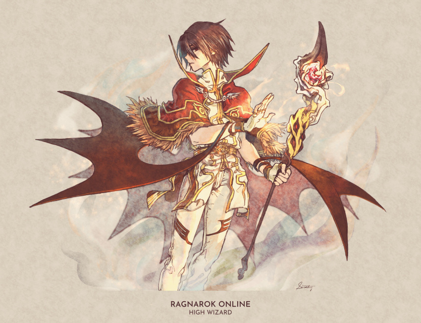 1boy bangs brown_hair capelet character_name commentary_request copyright_name demon_wings feet_out_of_frame fingerless_gloves fur-trimmed_capelet fur_trim gloves hair_between_eyes high_wizard_(ragnarok_online) highres holding holding_staff ichimi_(simtysiger) looking_at_viewer looking_to_the_side magic male_focus pants parted_lips ragnarok_online red_capelet red_eyes shirt short_hair simple_background solo staff standing white_gloves white_pants white_shirt wings