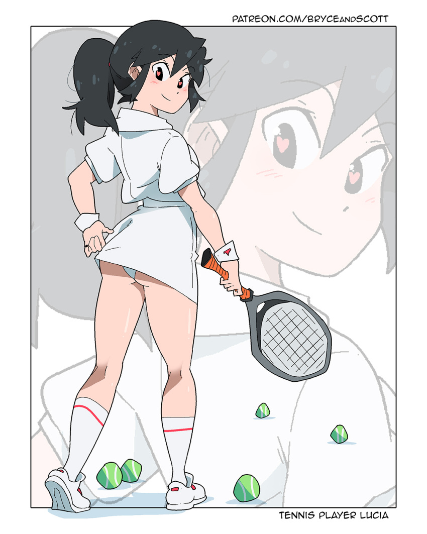 1girl ball black_eyes black_hair blush english_text from_behind full_body heart heart-shaped_pupils highres holding holding_racket looking_at_viewer looking_back lucia_(scott_malin) original ponytail racket scott_malin shadow shirt shoes short_sleeves skirt smile solo standing symbol-shaped_pupils tennis_ball tennis_racket white_footwear white_shirt white_skirt zoom_layer