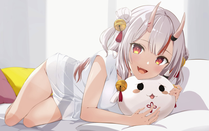 1girl :d absurdres bangs bare_arms bell blush commentary_request double_bun fang hair_bell hair_ornament hashiguchi_hayato highres hololive horns jingle_bell long_hair looking_at_viewer lying multicolored_hair nakiri_ayame on_bed on_side oni_horns poyoyo_(nakiri_ayame) red_eyes redhead shirt short_sleeves silver_hair smile solo streaked_hair two_side_up virtual_youtuber white_shirt