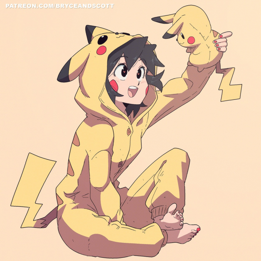 1girl barefoot black_eyes black_hair bodysuit cosplay gen_1_pokemon highres holding hood hood_up long_sleeves open_mouth original pikachu pikachu_(cosplay) pokemon red_nails scott_malin simple_background sitting smile solo stuffed_toy watermark web_address yellow_background yellow_bodysuit