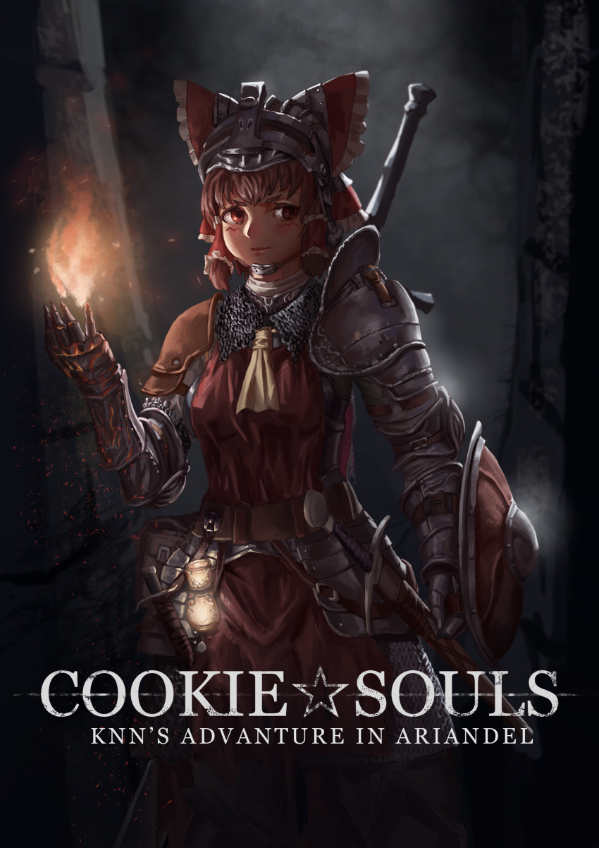 1girl absurdres armor bangs belt blush bow brown_belt brown_hair chainmail closed_mouth commentary_request cookie_(touhou) cowboy_shot crossover dagger dark_souls_iii english_text fire frilled_bow frills gauntlets hair_bow hair_tubes hakurei_reimu helmet highres kanna_(cookie) looking_to_the_side pauldrons pouch red_bow red_eyes red_shirt scabbard sheath shield shirt short_hair shoulder_armor sleeveless sleeveless_shirt solo souls_(from_software) standing star_(symbol) sword sword_behind_back tomovan touhou weapon yellow_neckwear