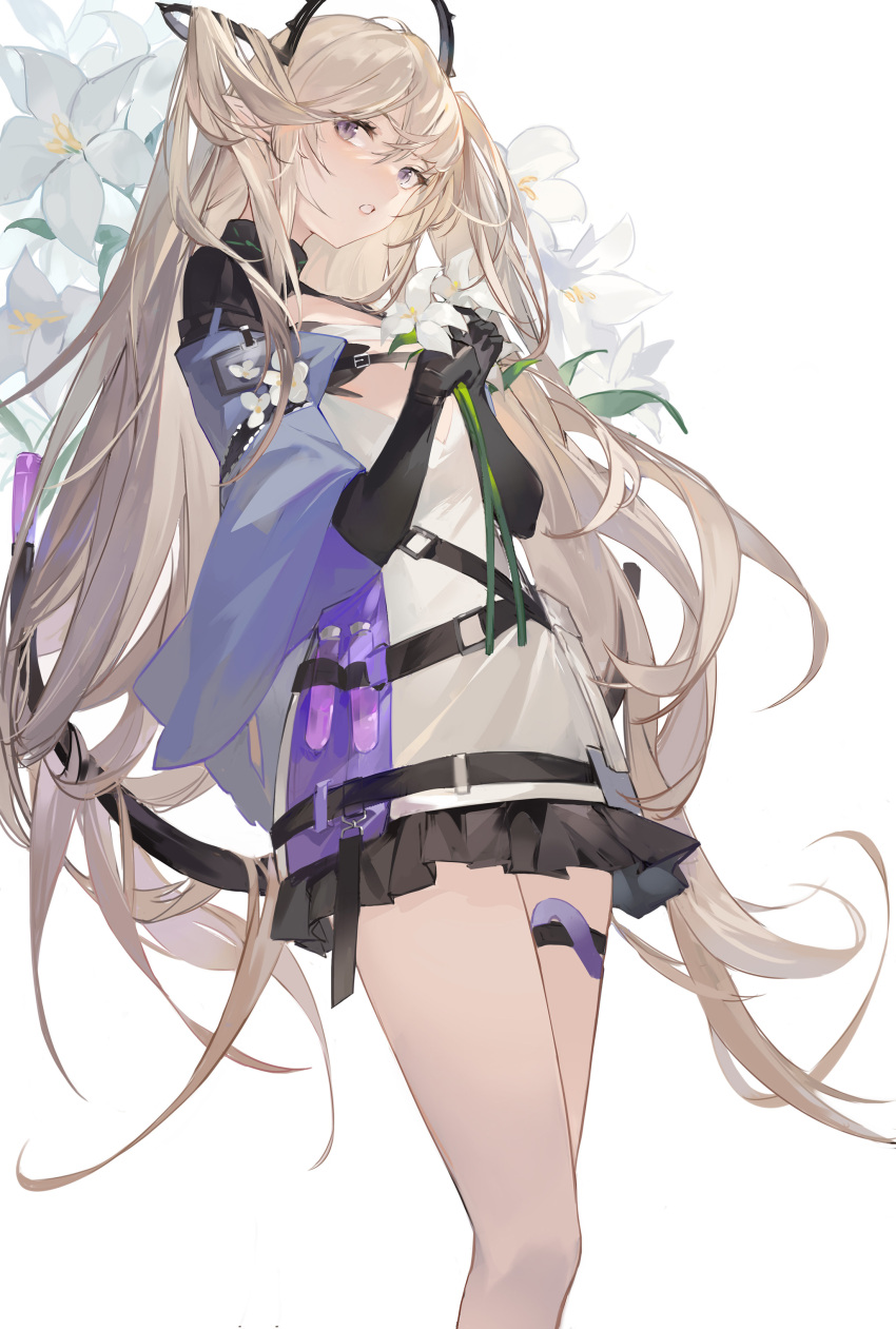 1girl absurdres arknights bangs blush brown_hair commentary ergouzi_echo flower hair_ornament highres holding holding_flower indigo_(arknights) infection_monitor_(arknights) lily_(flower) long_hair pointy_ears solo test_tube thigh_strap twintails very_long_hair violet_eyes