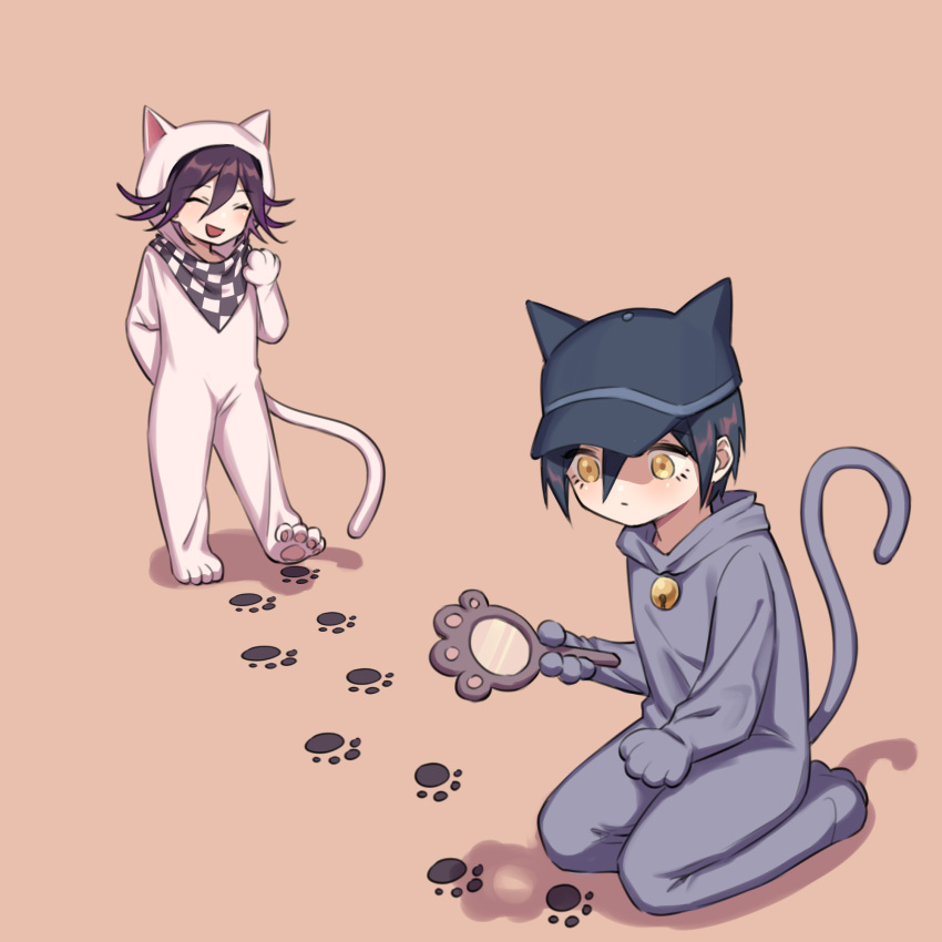 2boys :d animal_costume animal_ears animal_hood bell black_hair black_headwear brown_background brown_eyes cat_costume cat_ears cat_hood cat_paws cat_tail checkered checkered_scarf child closed_eyes dangan_ronpa_(series) dangan_ronpa_v3:_killing_harmony ewa_(seraphhuiyu) fake_animal_ears fake_tail hair_between_eyes hat highres holding holding_magnifying_glass hood hood_down laughing looking_down male_focus multiple_boys neck_bell open_mouth ouma_kokichi paw_print paws saihara_shuuichi scarf seiza short_hair simple_background sitting smile standing tail yellow_eyes