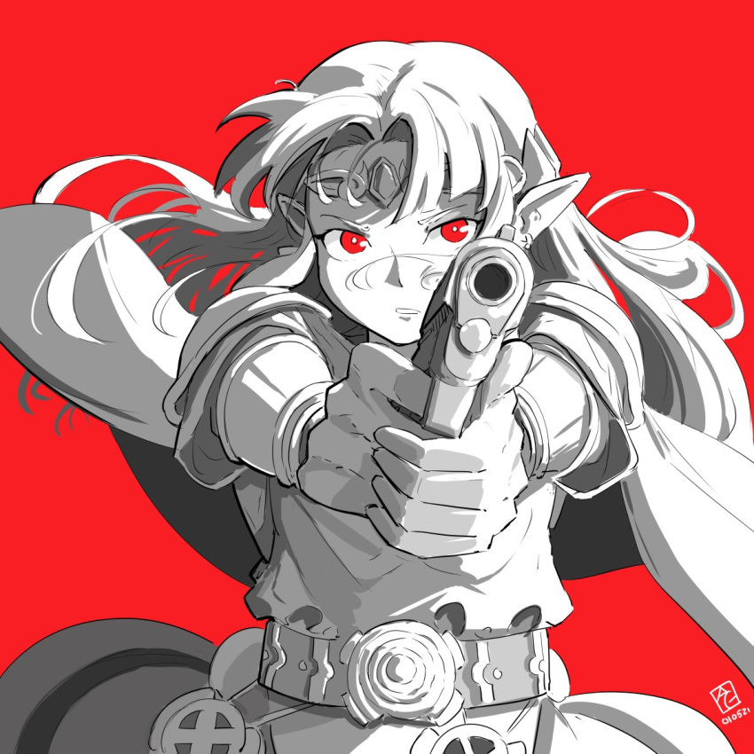 1girl automatic_giraffe bangs belt cape dated english_text floating_cape floating_hair gun handgun holding holding_gun holding_weapon long_pointy_ears parted_bangs pistol pointy_ears princess_zelda red_background red_eyes solo spot_color super_smash_bros. the_legend_of_zelda the_legend_of_zelda:_a_link_between_worlds v-shaped_eyebrows weapon