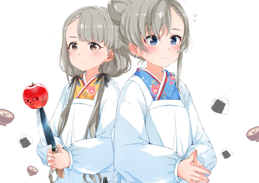 2girls apple apron bangs black_ribbon blue_kimono blush bowl braid braided_bangs brown_eyes closed_mouth earrings eyebrows_visible_through_hair fingernails flying_sweatdrops food fruit gomennasai grey_hair hair_bun hair_over_shoulder hair_ribbon highres hisakawa_hayate hisakawa_nagi holding holding_knife idolmaster idolmaster_cinderella_girls japanese_clothes jewelry kappougi kimono knife long_sleeves low_twintails multiple_girls onigiri parted_lips print_kimono puffy_long_sleeves puffy_sleeves red_apple ribbon sleeves_past_wrists smile star_(symbol) steepled_fingers twintails two-handed upper_body white_apron white_background yellow_kimono