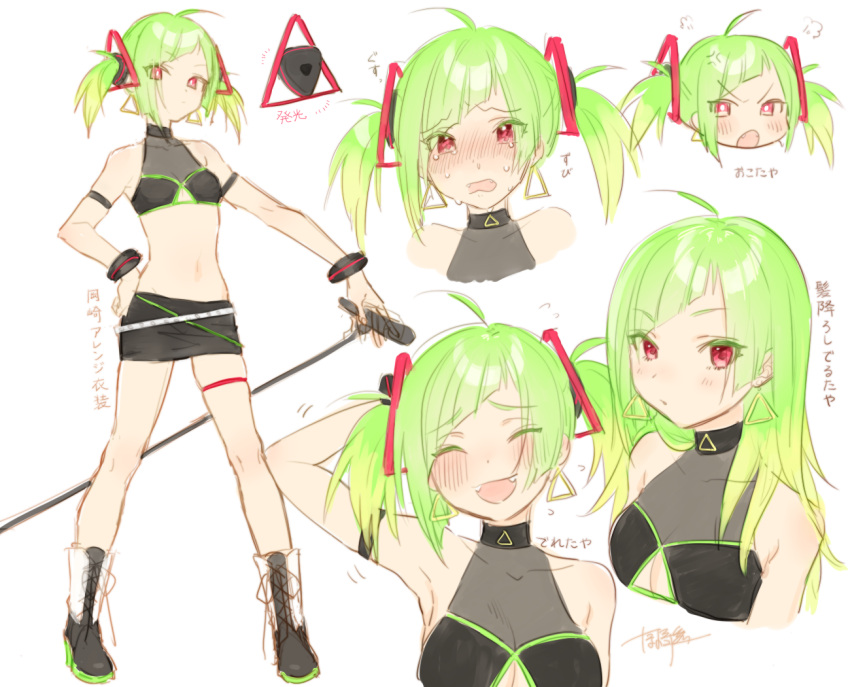 1girl ahoge alternate_hairstyle angry blush breasts clothing_cutout crying delutaya expressions fangs green_hair holding holding_microphone indie_virtual_youtuber looking_at_viewer microphone midriff miniskirt multiple_views navel okazaki_toru open_mouth skindentation skirt small_breasts thigh_strap twintails under_boob underboob_cutout v-shaped_eyebrows virtual_youtuber