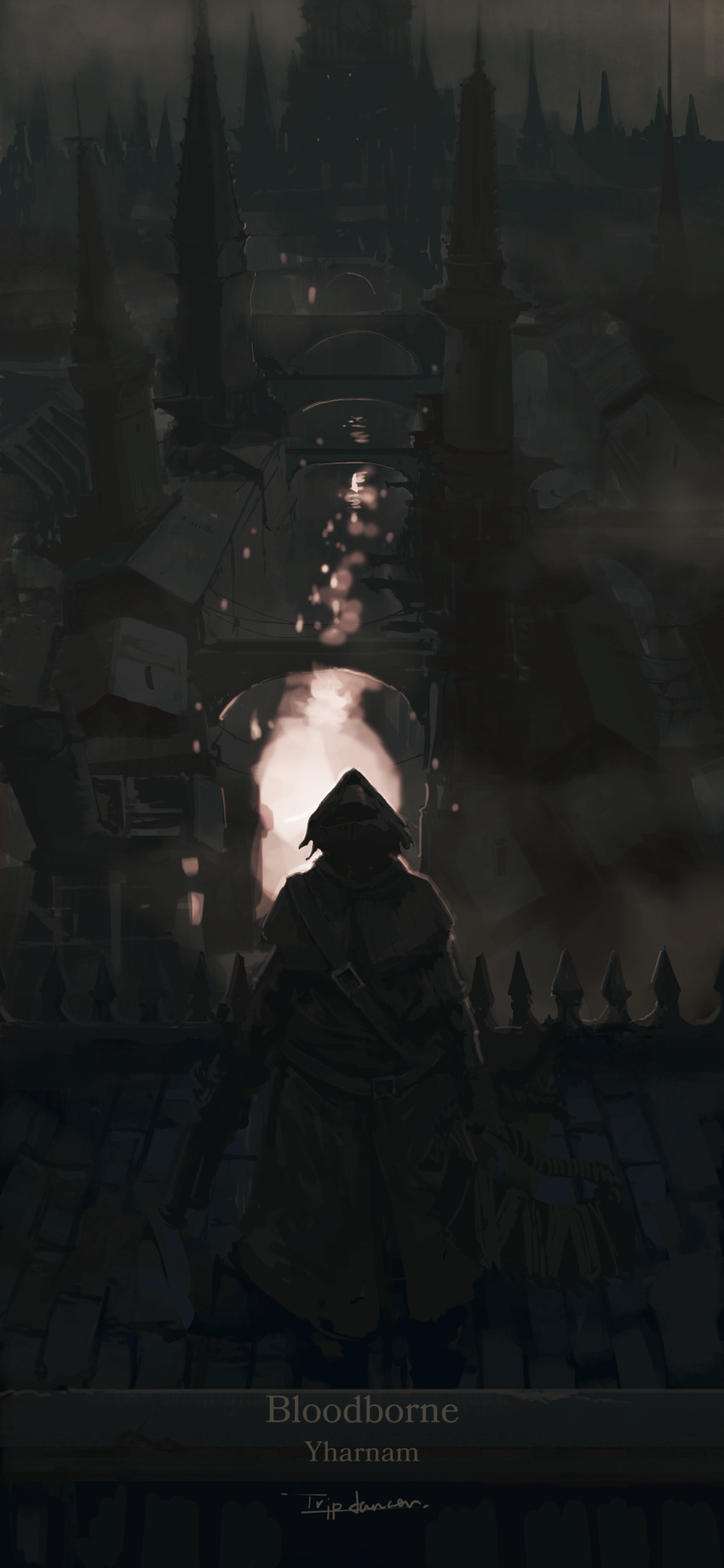 1other absurdres ambiguous_gender architecture artist_name bloodborne brown_coat brown_headwear building capelet city coat copyright_name dark from_above from_behind gun hat highres holding holding_gun holding_weapon hunter_(bloodborne) jacket outdoors saw_cleaver solo standing tricorne tripdancer weapon