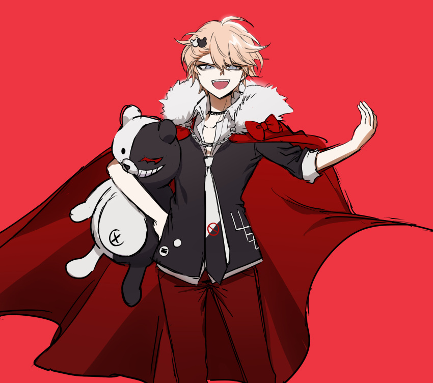 1boy :d bangs bear_hair_ornament black_neckwear black_pants blonde_hair blue_eyes bow cape choker collarbone cowboy_shot dangan_ronpa:_trigger_happy_havoc dangan_ronpa_(series) doll_hug enoshima_junko fur-trimmed_cape fur_trim genderswap genderswap_(ftm) hair_ornament hairclip hand_up highres holding jewelry looking_at_viewer male_focus monokuma multicolored_neckwear necklace necktie no_(xpxz7347) open_mouth pants red_background red_bow red_cape red_pants shirt simple_background smile solo stuffed_animal stuffed_toy teddy_bear upper_teeth white_neckwear