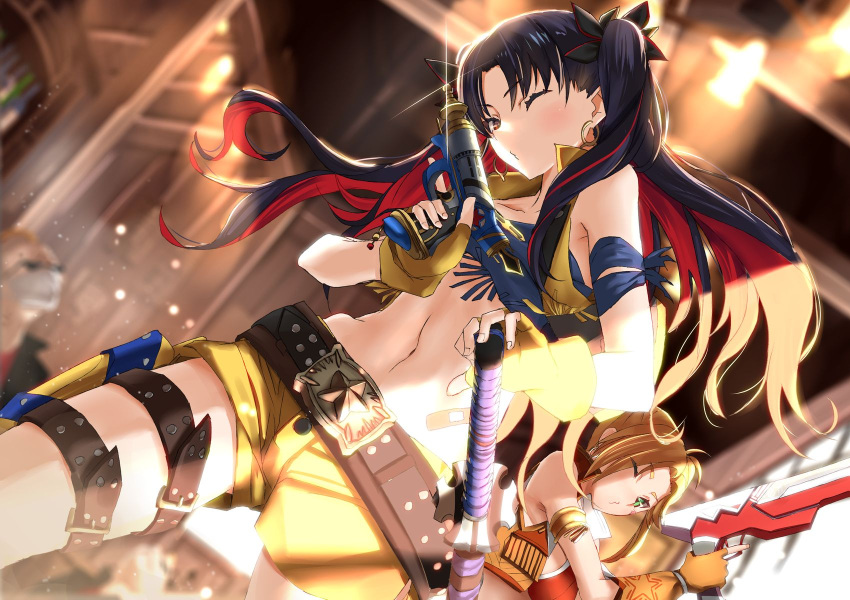 2girls bangs bare_shoulders belt black_hair blue_bandeau blush breasts calamity_jane_(fate/grand_order) cropped_vest earrings fate/grand_order fate_(series) fingerless_gloves gloves highres hoop_earrings ishtar_(fate)_(all) jewelry long_hair looking_at_viewer medium_breasts multicolored_hair multiple_girls navel open_mouth parted_bangs red_eyes redhead short_shorts shorts space_ishtar_(fate) thighs tsuuhan two-tone_hair two_side_up vest yellow_gloves yellow_shorts yellow_vest