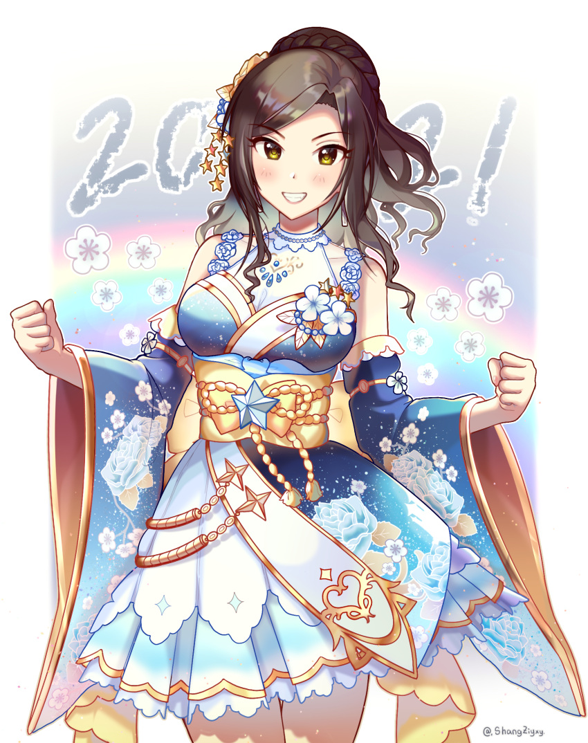 1girl 2021 :d alternate_costume bare_shoulders black_hair blue_dress blue_sleeves blush border braid braided_bun brown_eyes clenched_hands commentary_request detached_sleeves dress floral_print grin hair_bun highres idolmaster idolmaster_cinderella_girls idolmaster_cinderella_girls_starlight_stage japanese_clothes kimono kimono_skirt long_hair looking_at_viewer mukai_takumi open_mouth rainbow shangziyxy smile solo twitter_username white_border wide_sleeves