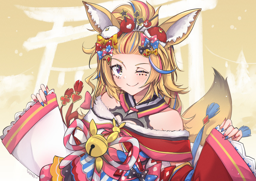 1girl absurdres animal_ear_fluff animal_ears bangs_pinned_back black_bow blonde_hair blue_bow blue_hair blue_nails blush bow crover fox_ears fox_girl fox_tail hair_bow hair_ornament hairclip highres hololive huge_filesize japanese_clothes kimono multicolored_hair nail_polish off_shoulder omaru_polka one_eye_closed pink_bow pink_hair pink_nails red_bow redhead smile solo sticker streaked_hair tail tied_hair torii violet_eyes virtual_youtuber wide_sleeves yellow_bow