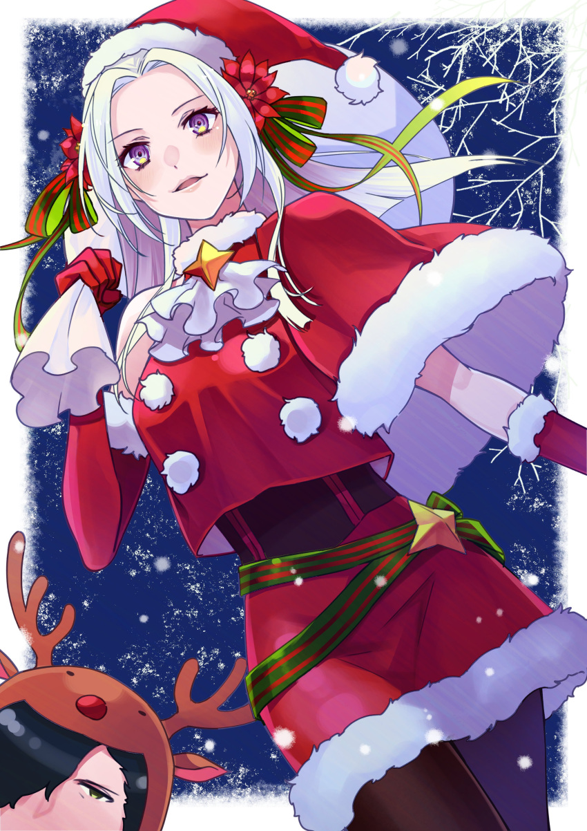 1boy 1girl absurdres animal_costume bell blush boots capelet christmas christmas_ornaments dress edelgard_von_hresvelg fire_emblem fire_emblem:_three_houses fur-trimmed_dress fur-trimmed_headwear fur_trim gift gloves hat highres hubert_von_vestra ichino_tomizuki jewelry long_hair looking_at_viewer pantyhose red_capelet red_dress red_gloves red_headwear reindeer_costume sack santa_boots santa_costume santa_hat smile solo_focus yellow_eyes