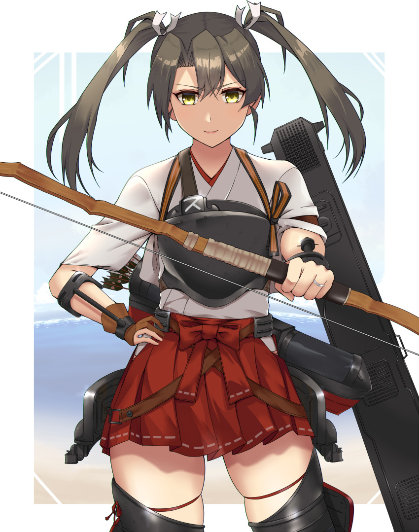 1girl absurdres arrow_(projectile) boots bow_(weapon) brown_gloves cowboy_shot dark_green_hair flat_chest flight_deck gloves green_eyes hair_ribbon highres holding holding_bow_(weapon) holding_weapon jewelry kantai_collection long_hair looking_at_viewer ohiya partially_fingerless_gloves quiver ribbon ring single_glove smile solo thigh-highs thigh_boots twintails weapon wedding_band white_ribbon yugake zettai_ryouiki zuikaku_(kantai_collection)