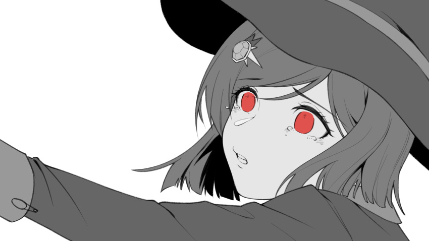 1girl bangs commentary_request crying crying_with_eyes_open dangan_ronpa_(series) dangan_ronpa_v3:_killing_harmony ewa_(seraphhuiyu) eyebrows_visible_through_hair face from_side hair_ornament hairclip hand_up hat highres long_sleeves monochrome open_mouth parted_lips red_eyes short_hair simple_background solo spot_color tearing_up tears teeth upper_body upper_teeth white_background witch_hat yumeno_himiko