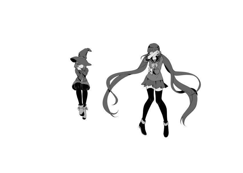 2girls absurdres breasts collarbone commentary_request covering_face dangan_ronpa_(series) dangan_ronpa_v3:_killing_harmony ewa_(seraphhuiyu) faceless faceless_female full_body greyscale hair_ornament hair_scrunchie harukawa_maki hat highres long_hair long_sleeves low_twintails medium_breasts miniskirt monochrome multiple_girls pantyhose pleated_skirt sailor_collar scrunchie shoes short_hair simple_background skirt thigh-highs twintails very_long_hair white_background witch_hat yumeno_himiko zettai_ryouiki