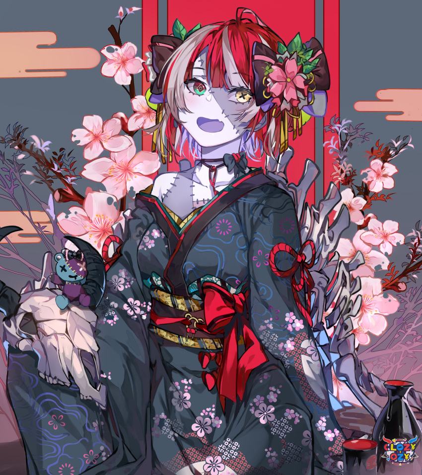 1girl absurdres ahoge alternate_costume alternate_hairstyle animal_skull blue_background blush bone bow cherry_blossoms closz colored_skin cow_skull eyebrows_visible_through_hair floral_print green_eyes grey_hair grey_skin hair_ornament hair_up heterochromia highres hololive hololive_indonesia japanese_clothes kanzashi kimono knot kureiji_ollie looking_at_viewer multicolored_hair obi open_mouth patchwork_skin red_bow redhead sash solo spine two-tone_hair udin_(kureiji_ollie) yellow_eyes