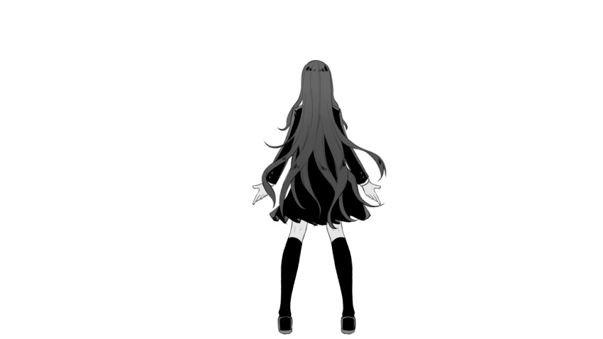 1girl commentary_request dangan_ronpa_(series) dangan_ronpa_v3:_killing_harmony ewa_(seraphhuiyu) facing_away from_behind full_body greyscale highres kneehighs legs_apart long_hair long_sleeves monochrome outstretched_arms pleated_skirt school_uniform shirogane_tsumugi shoes simple_background skirt solo standing thigh-highs very_long_hair white_background zettai_ryouiki