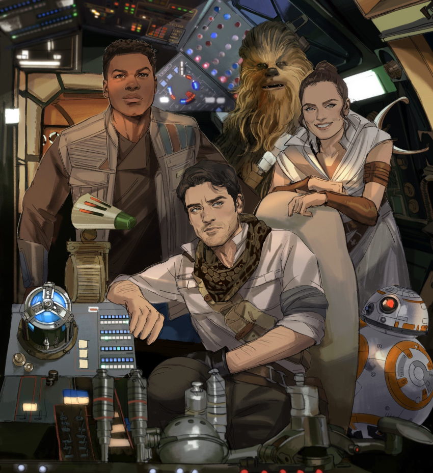 1girl 3boys alien arm_hair armband bb-8 belt black_hair brown_eyes brown_hair brown_jacket brown_scarf brown_shirt buttons chair chewbacca closed_mouth cockpit collarbone collared_shirt commentary dark_skin dark_skinned_male droid english_commentary facial_hair fangs finn_(star_wars) grin hair_bun highres jacket lights lips long_sleeves looking_at_viewer looking_to_the_side machinery multiple_boys on_chair open_clothes open_jacket open_mouth poe_dameron rey_(star_wars) robot scarf science_fiction shirt short_hair short_sleeves sitting smile spacecraft_interior standing star_wars star_wars:_the_rise_of_skywalker teeth thisuserisalive white_shirt wookiee wristband