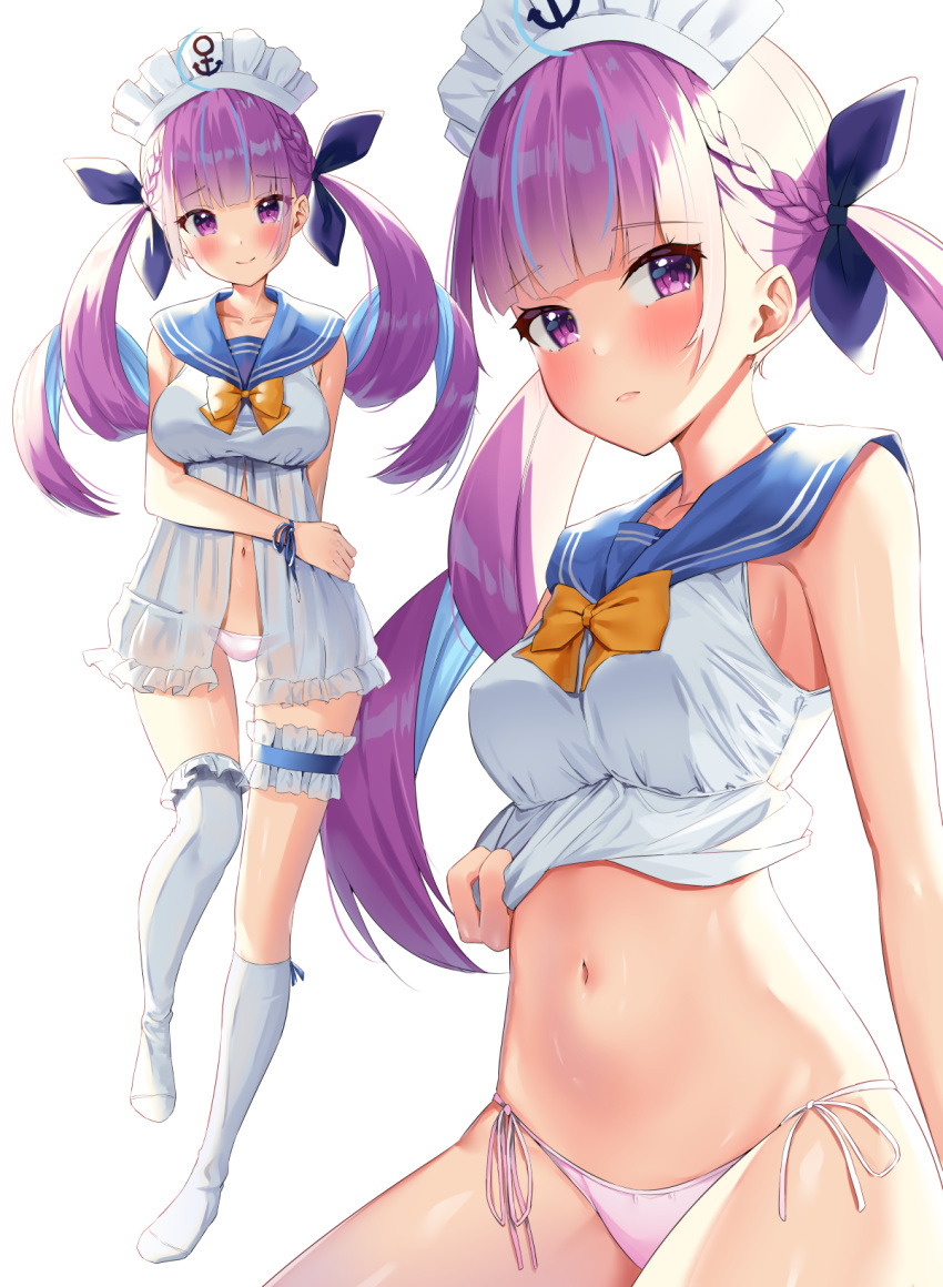 1girl babydoll bare_arms bare_shoulders bow bowtie braid breasts closed_mouth commentary_request hair_ribbon headdress highres hololive k_mugura leg_garter lingerie long_hair looking_at_viewer medium_breasts minato_aqua multicolored_hair multiple_views navel over-kneehighs panties purple_hair ribbon sailor_collar see-through shirt shirt_lift side-tie_panties sidelocks simple_background sleeveless sleeveless_shirt smile stomach streaked_hair string_panties thigh-highs twintails two-tone_hair underwear violet_eyes virtual_youtuber white_background white_legwear white_panties white_shirt
