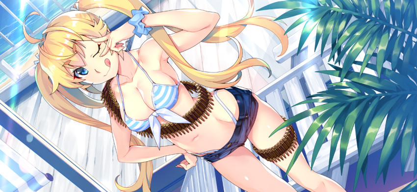 1girl ;q ahoge ammunition ammunition_belt bangs beach_chair bikini blonde_hair blue_eyes breasts day denim denim_shorts eyebrows_visible_through_hair feet_out_of_frame from_above front-tie_top grisaia_(series) grisaia_chronos_rebellion halter_top halterneck hand_on_hip light_rays long_hair matsushima_michiru medium_breasts navel official_art one_eye_closed scrunchie short_shorts shorts smile solo standing striped striped_bikini swimsuit tongue tongue_out twintails watanabe_akio wrist_scrunchie