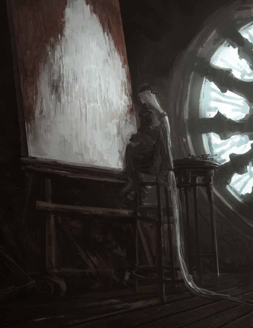 1girl absurdly_long_hair brown_jacket dark_souls dark_souls_iii facing_to_the_side from_side grey_hair hat highres indoors jacket light long_hair long_sleeves painting_(object) painting_woman scenery sitting solo souls_(from_software) table tripdancer very_long_hair