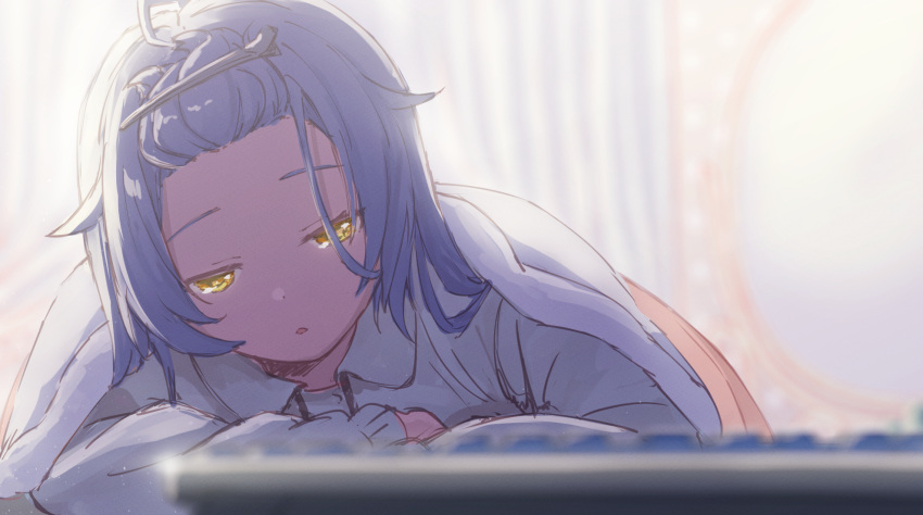 1girl ahoge amamiya_kokoro bangs bangs_pinned_back bed bedroom blanket blue_hair blurry blurry_background blurry_foreground curtains day depth_of_field hair_ornament hairclip half-closed_eyes highres indoors keyboard_(computer) long_hair messy_hair mirror nijisanji pajamas parted_lips solo under_covers virtual_youtuber waking_up yanoynk yellow_eyes