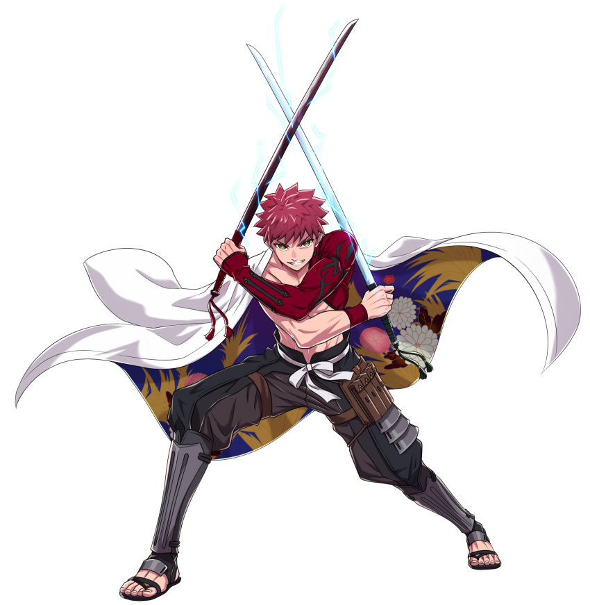 1boy applechoc cape dual_wielding emiya_shirou fate/grand_order fate_(series) fighting_stance flower full_body highres holding igote limited/zero_over looking_at_viewer male_focus redhead sengo_muramasa_(fate) simple_background solo sword weapon white_background white_cape wristband yellow_eyes
