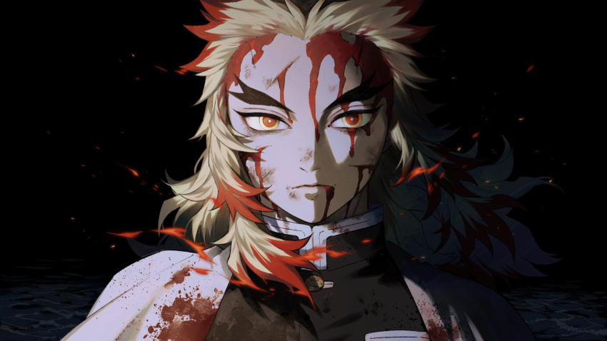 1boy black_background blonde_hair blood blood_on_face bloody_clothes closed_mouth cuts fire highres injury japanese_clothes kimetsu_no_yaiba looking_at_viewer male_focus multicolored multicolored_eyes multicolored_hair otayumaru redhead rengoku_kyoujurou scar_on_forehead simple_background solo two-tone_hair