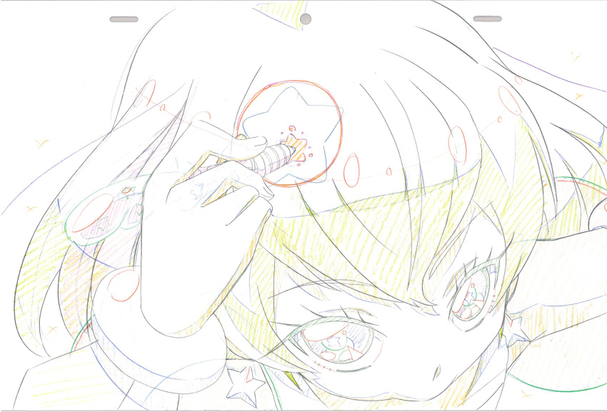 1girl animation_paper close-up color_trace colored_pencil_(medium) commentary_request cure_milky earrings foreshortening from_above hagoromo_lala henshin highres holding holding_pen itaoka1 jewelry key_frame partially_colored pen precure production_art see-through_sleeves solo star_(symbol) star_color_pen star_earrings star_twinkle_precure traditional_media trim_marks