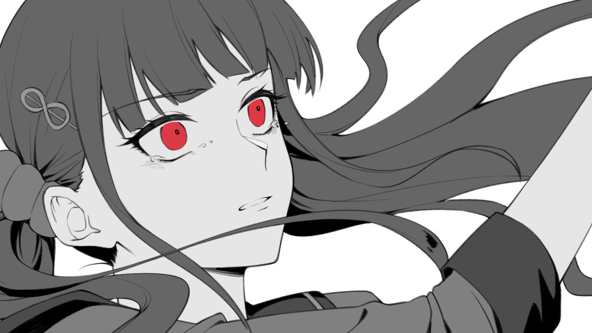 1girl bangs blunt_bangs commentary_request dangan_ronpa_(series) dangan_ronpa_v3:_killing_harmony ewa_(seraphhuiyu) face floating_hair hair_ornament hairclip hand_up harukawa_maki highres long_hair low_twintails monochrome parted_lips red_eyes shirt simple_background sleeves_past_elbows solo spot_color tearing_up tears teeth twintails white_background