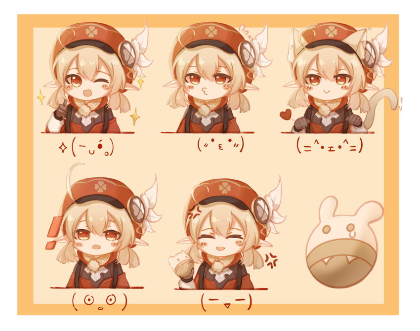 ! 1girl :d akashin anger_vein animal_ears backpack bag bangs beret blonde_hair blush bomb border brown_gloves cat_ears cat_tail closed_eyes closed_mouth emoticon genshin_impact gloves hat heart highres holding holding_bomb jacket klee_(genshin_impact) long_hair long_sleeves looking_at_viewer multiple_views one_eye_closed open_mouth orange_background orange_border pointy_ears pout red_eyes red_headwear red_jacket simple_background smile star_(symbol) tail white_border