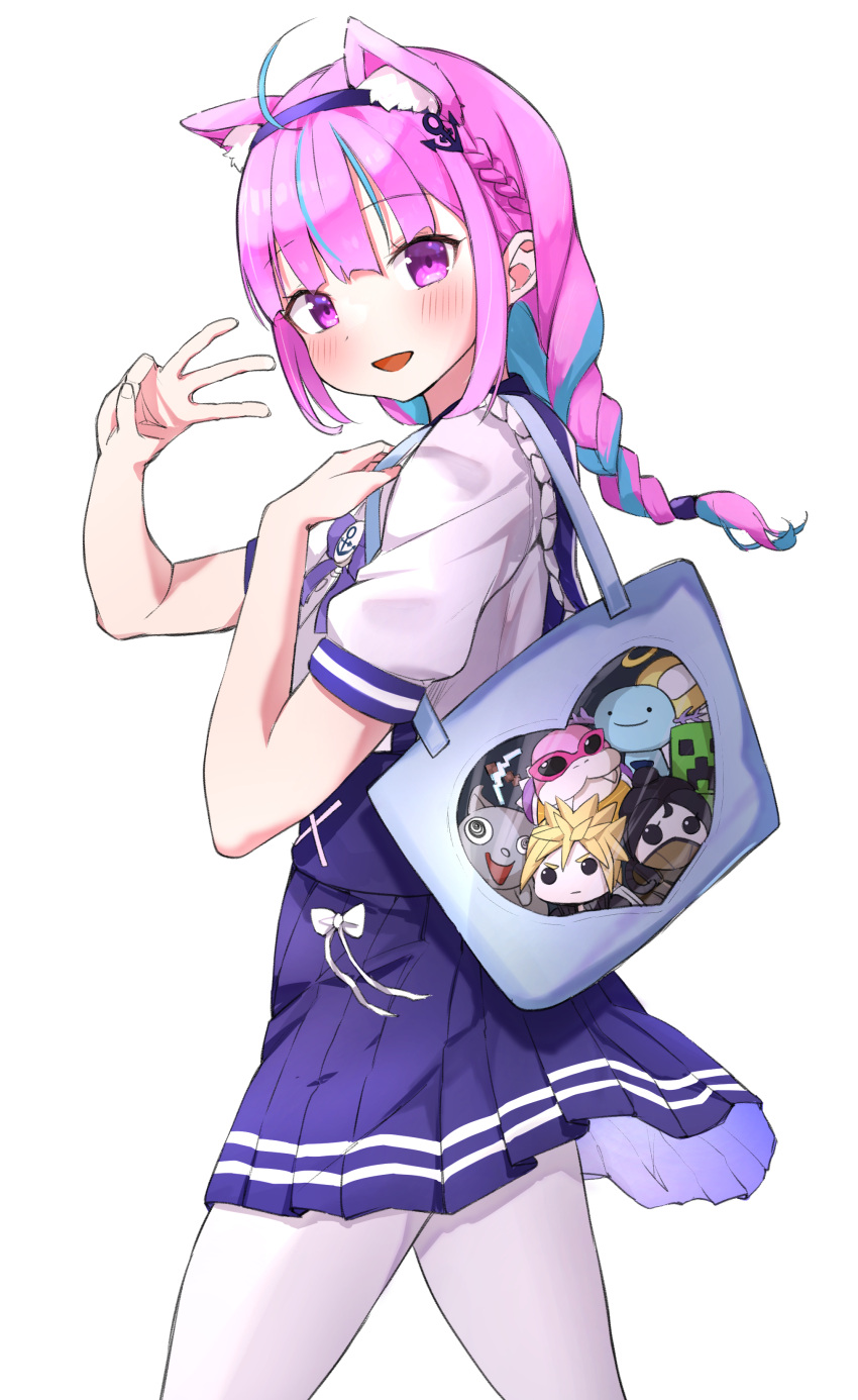 1girl :d absurdres anchor_hair_ornament animal_ears bag bangs blue_hair blush braid cat_ears eyebrows_visible_through_hair hair_ornament hairband highres hitsujisnow hololive long_hair minato_aqua multicolored_hair open_mouth purple_hair short_sleeves simple_background smile solo streaked_hair two-tone_hair violet_eyes virtual_youtuber w white_background