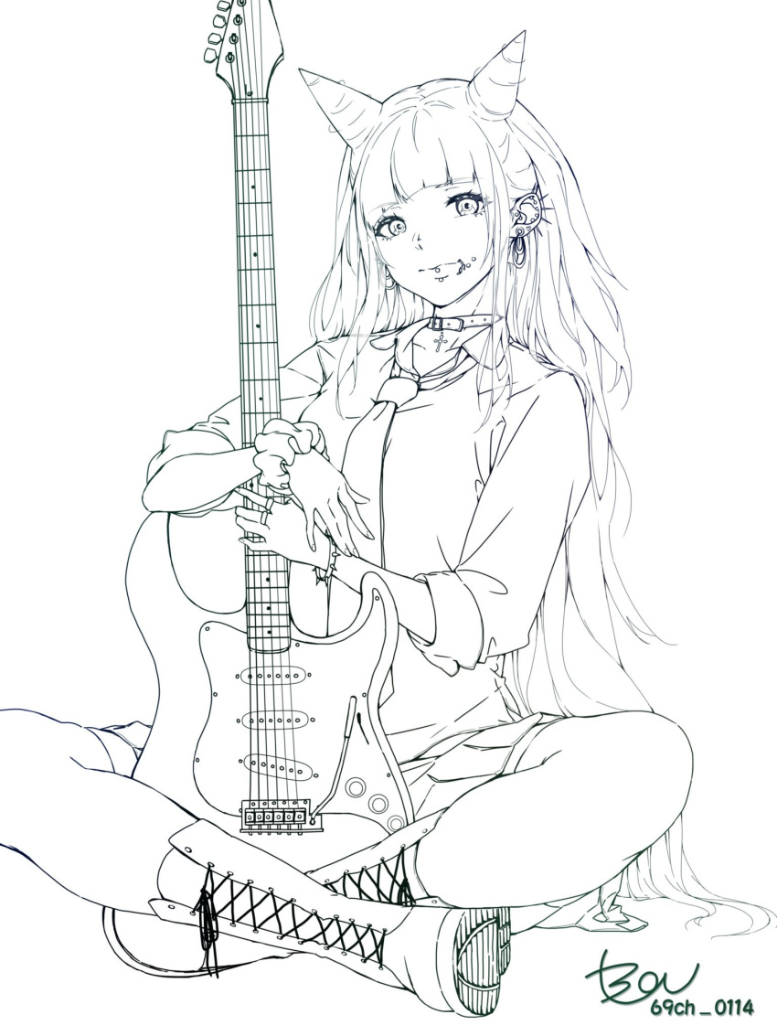1girl artist_name bangs blunt_bangs boots bracelet breasts collar commentary_request cross cross-laced_footwear dangan_ronpa_(series) dangan_ronpa_2:_goodbye_despair ear_piercing earrings electric_guitar fake_horns greyscale guitar highres horns indian_style instrument jewelry long_hair looking_at_viewer mioda_69ch mioda_ibuki monochrome multicolored_hair necktie piercing pleated_skirt scrunchie signature sitting sketch skirt small_breasts smile solo spiked_bracelet spikes twitter_username wrist_scrunchie