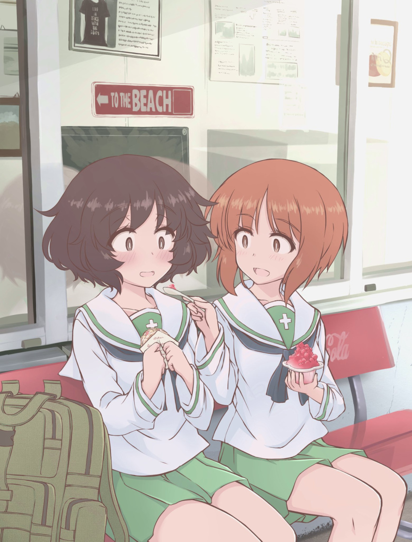 2girls akiyama_yukari backpack bag blush brown_eyes brown_hair collarbone eyebrows_visible_through_hair girls_und_panzer green_skirt hazuki_haru highres looking_at_another messy_hair multiple_girls nishizumi_miho ooarai_school_uniform open_mouth pleated_skirt school_uniform short_hair sitting skirt smile yuri