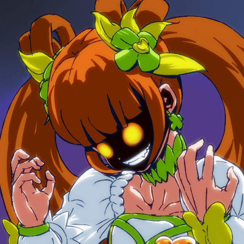 1girl bangs berserker_rage blunt_bangs choker claw_pose clenched_teeth clover_hair_ornament collarbone commentary_request cure_rosetta dokidoki!_precure evil_grin evil_smile glowing glowing_eyes gradient gradient_background green_choker grin hair_ornament hair_rings hands_up heart heart_hair_ornament long_sleeves magical_girl okka_(okka0918) orange_hair parody partial_commentary precure shaded_face simple_background smile solo teeth twintails upper_body yellow_eyes yotsuba_alice