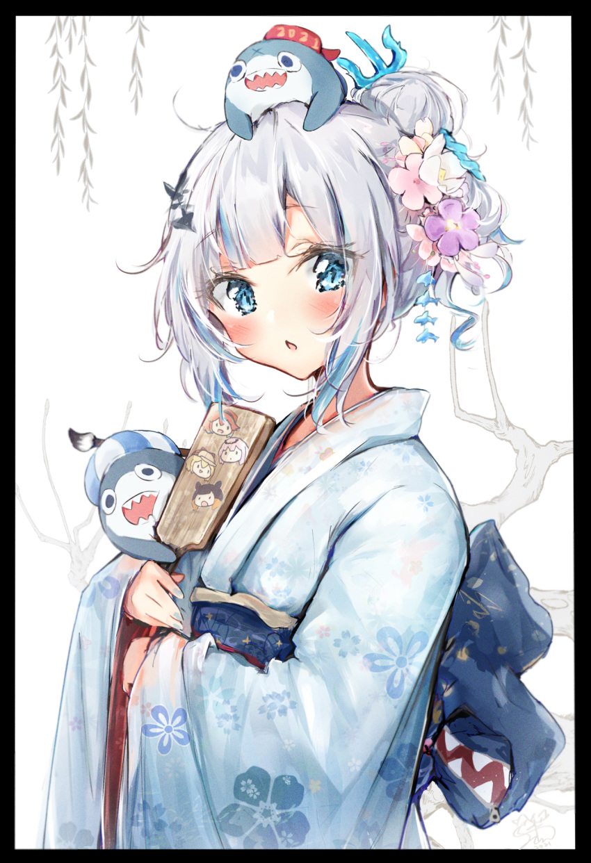 1girl bangs black_border bloop_(gawr_gura) blue_eyes blue_hair blue_kimono blush border chestnut_mouth eyebrows_visible_through_hair floral_print flower gawr_gura grey_hair hagoita hair_bun hair_flower hair_ornament highres holding hololive hololive_english japanese_clothes kimono long_sleeves looking_at_viewer mori_calliope multicolored_hair ninomae_ina'nis obi on_head paddle parted_lips pink_flower print_kimono purple_flower sash seboneko sleeves_past_wrists streaked_hair takanashi_kiara upper_body virtual_youtuber watson_amelia white_flower wide_sleeves