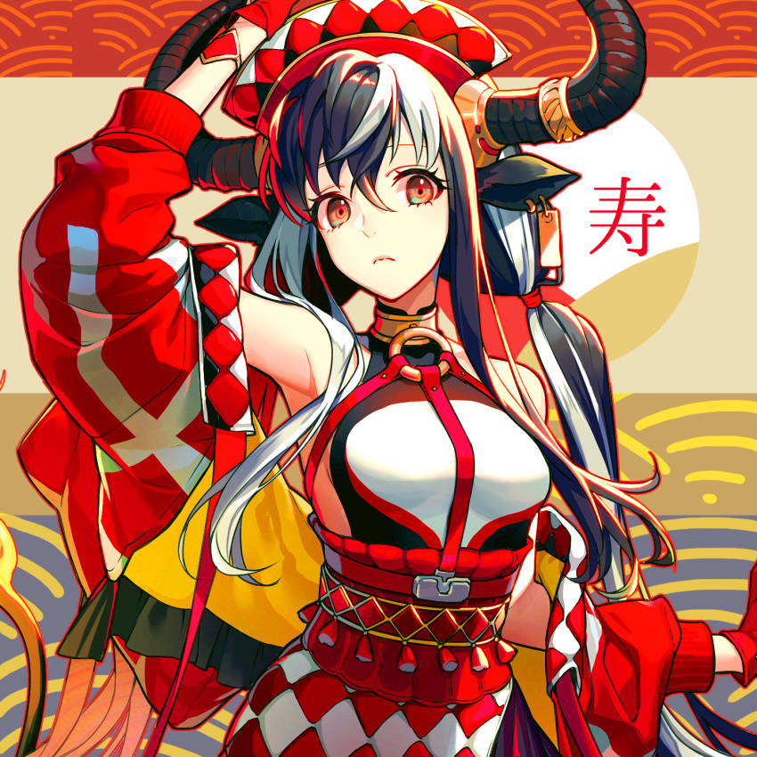 1girl animal_ears arm_up armpits black_hair brown_eyes chinese_zodiac closed_mouth commentary_request cow_ears cow_girl ear_tag eyebrows_behind_hair gloves hair_between_eyes hair_over_shoulder harness hat highres horn_ornament horns jacket jacket_partially_removed jacket_removed jewelry long_hair looking_at_viewer low_twintails multicolored_hair new_year off_shoulder okeya_(ol23) original red_gloves seigaiha sidelocks single_earring solo tail tassel tied_hair translation_request twintails two-tone_hair upper_body very_long_hair white_hair year_of_the_ox