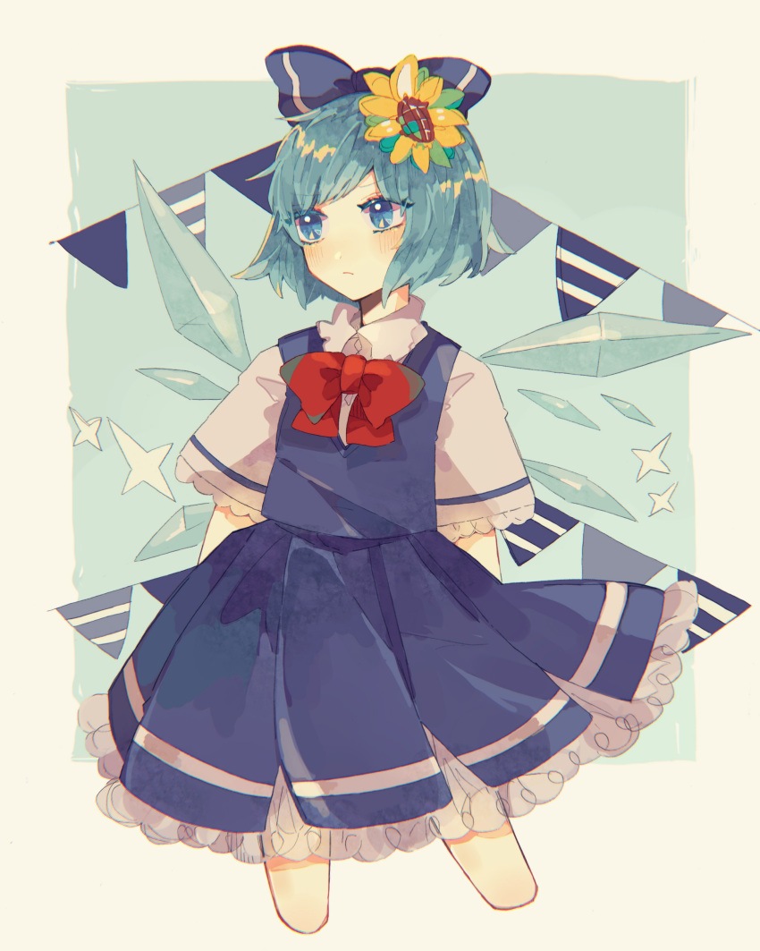 1girl absurdres blue_dress blue_eyes blue_hair bow bowtie cirno dress fairy flower hair_flower hair_ornament highres ice ice_wings multicolored_bow red_bow ru_cve_9 sparkle standing sunflower touhou wings yellow_flower