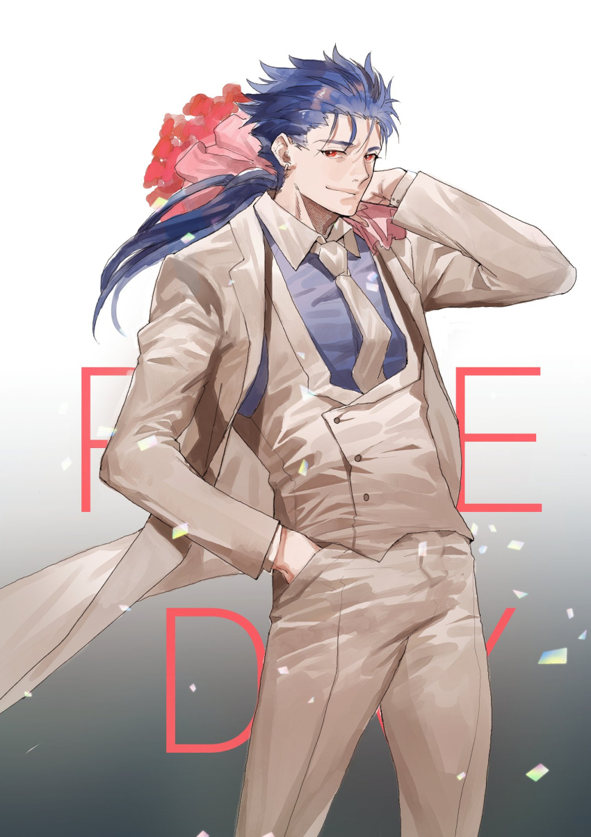 1boy alternate_costume blue_hair bok bouquet buttons closed_mouth cu_chulainn_(fate)_(all) fate/stay_night fate_(series) floating_hair flower formal hand_in_pocket highres holding holding_bouquet jacket lancer long_hair looking_at_viewer male_focus necktie pants ponytail red_eyes smile solo spiky_hair type-moon vest