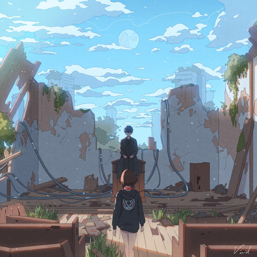 1boy 1girl arms_at_sides artist_name bench bibido black_coat black_hair brown_hair cable clouds coat collar day from_behind highres hood hoodie moon original pew plank red_collar ruins short_hair standing