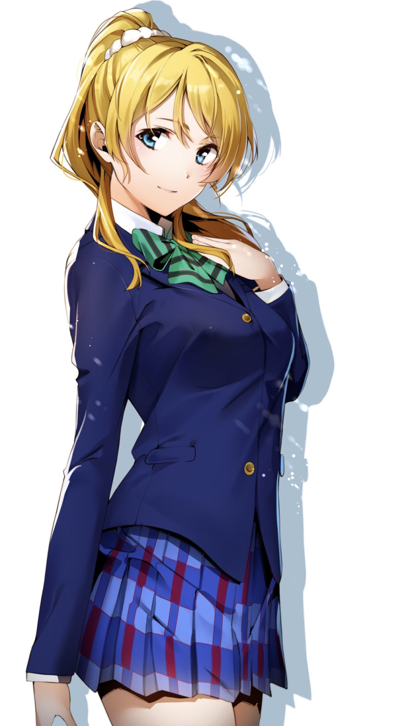1girl ayase_eli blazer blonde_hair blue_eyes blue_skirt bow bowtie eyebrows_visible_through_hair green_neckwear hair_ornament hair_scrunchie hand_on_own_chest highres jacket light_smile long_sleeves looking_at_viewer love_live! love_live!_school_idol_project nakano_maru plaid plaid_skirt ponytail school_uniform scrunchie short_hair simple_background skirt solo striped striped_neckwear thighs white_background white_scrunchie