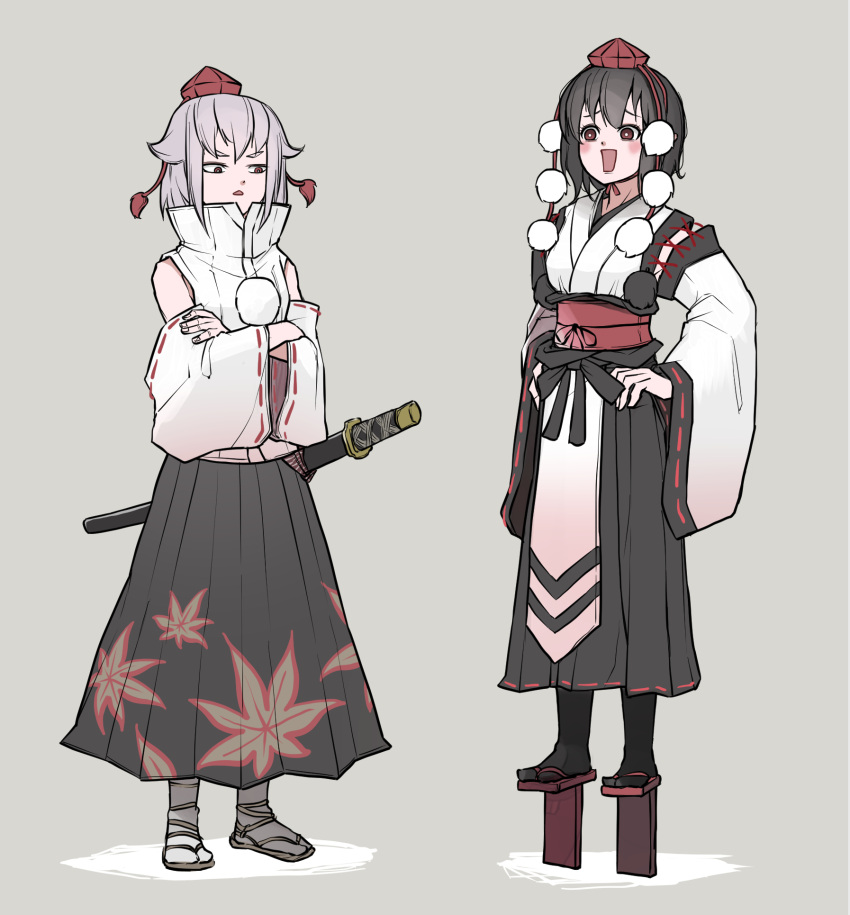 2girls animal_ears black_eyes black_hair black_skirt blush crossed_arms detached_sleeves doyagao empty_eyes geta hand_on_hip hat high_collar highres inubashiri_momiji katana kourindou_tengu_costume medium_skirt multicolored multicolored_clothes multicolored_skirt multiple_girls obi peroponesosu. pom_pom_(clothes) red_eyes red_footwear red_sash red_skirt sash shameimaru_aya shirt short_hair skirt sleeveless smile smirk smug standing sword tail tengu tengu-geta tokin_hat touhou turtleneck unamused weapon white_hair white_shirt wolf_ears wolf_tail