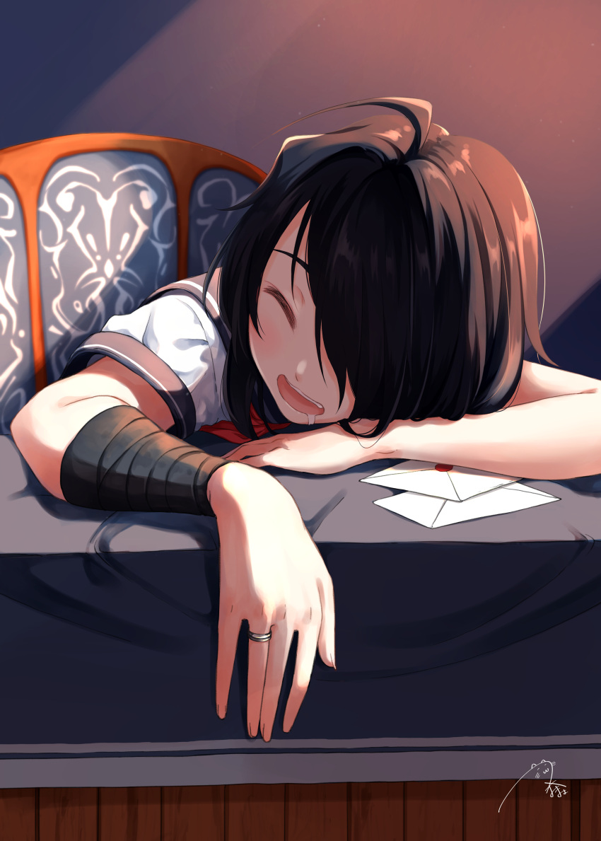 1girl absurdres ahoge bangs black_hair chair closed_eyes commentary_request commission desk drooling envelope hair_ornament hairclip highres jewelry kako_(kantai_collection) kantai_collection long_hair parted_bangs ponytail remodel_(kantai_collection) ring saliva school_uniform serafuku skeb_commission sleeping solo tsunamayo_(flying_cat) wedding_band
