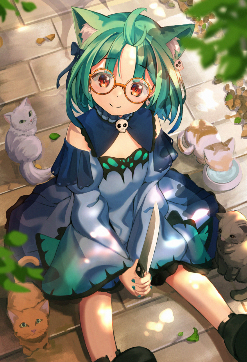1girl ahoge animal animal_ear_fluff animal_ears bespectacled black_footwear blue_bow blue_dress blue_sleeves bow bowl brown-framed_eyewear cat cat_ears closed_mouth commentary detached_sleeves dress drinking earrings glasses green_hair green_nails hair_bow highres holding holding_knife hololive jewelry juliet_sleeves kemonomimi_mode knife long_sleeves nail_polish on_ground pet_bowl puffy_sleeves red_eyes round_eyewear sasatabekung shoes sitting skull_earrings sleeveless sleeveless_dress smile solo symbol_commentary two-handed uruha_rushia virtual_youtuber water