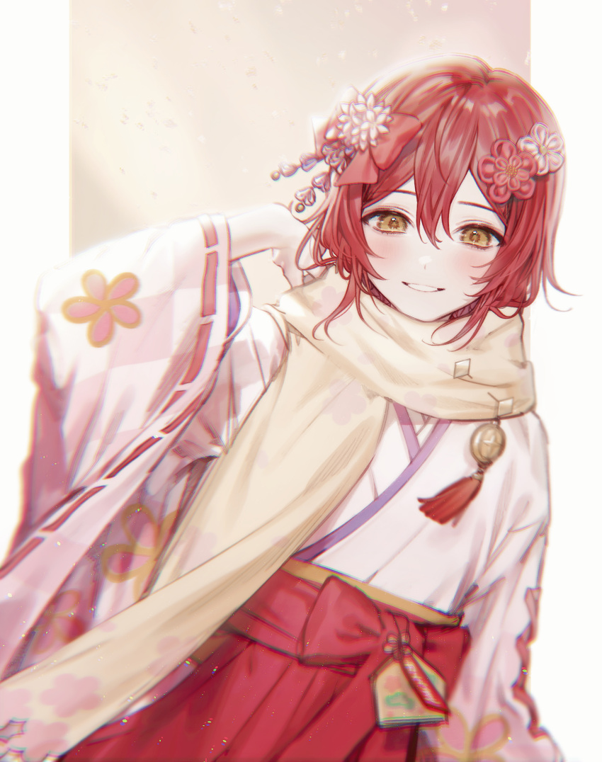 1boy azmpty flower hair_ornament hanasaki_miyabi highres holostars japanese_clothes kimono looking_at_viewer male_focus redhead scarf short_hair smile solo virtual_youtuber yellow_eyes