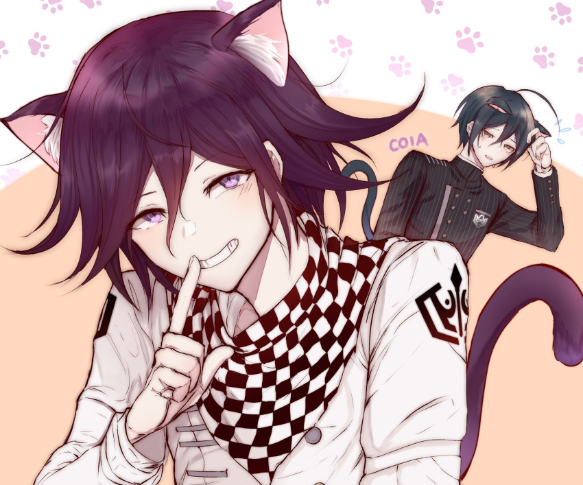 2boys ahoge animal_ears artist_name bangs black_hair black_jacket blush brown_background brown_eyes c01a_(cola) cat_boy cat_ears cat_tail checkered checkered_neckwear checkered_scarf commentary dangan_ronpa_(series) dangan_ronpa_v3:_killing_harmony english_commentary flying_sweatdrops grin hair_between_eyes hand_up highres index_finger_raised jacket kemonomimi_mode long_sleeves looking_at_viewer male_focus multiple_boys open_mouth ouma_kokichi paw_print_background saihara_shuuichi scarf short_hair smile solo_focus straitjacket striped_jacket tail upper_body violet_eyes white_jacket